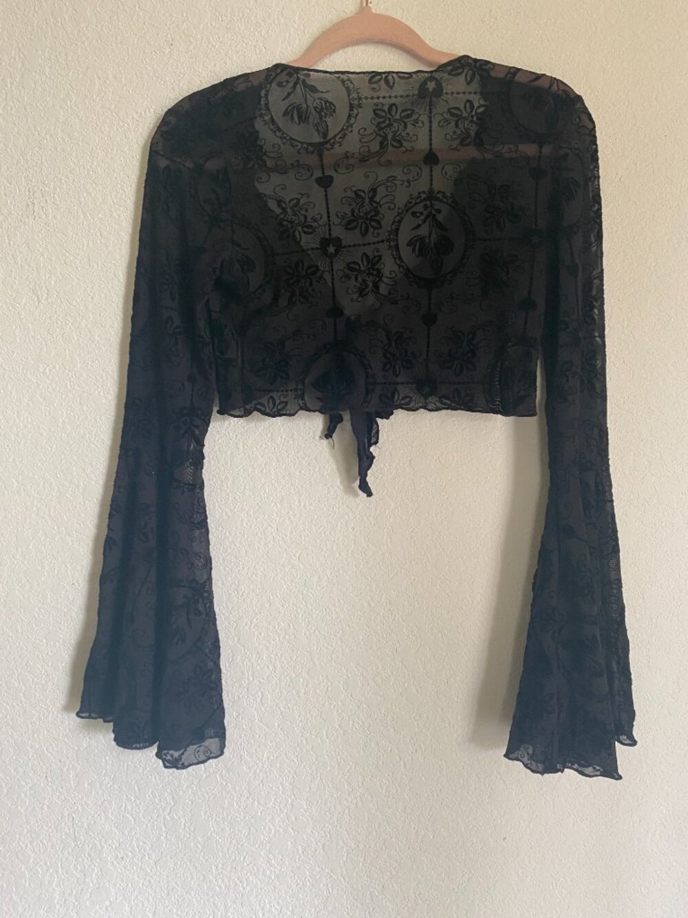 Vintage Black Sheer Lace Tie-Front Crop Top Dramatic Bell Sleeve Whimsigoth - Picture 6 of 8